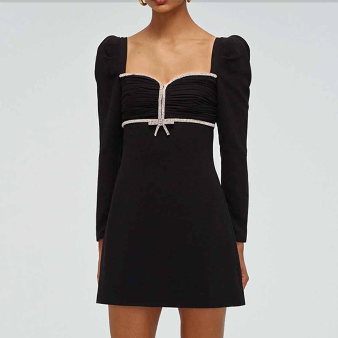 Self-Portrait SS22 Black Square Neck Rhinestone Long Sleeve Dress Gift Idea SWF331Y02700 圖 4