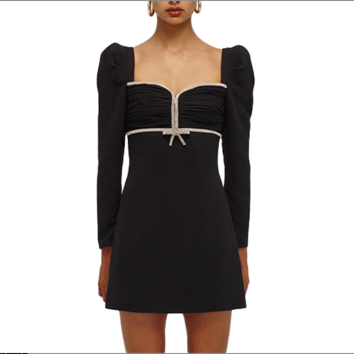 Self-Portrait SS22 Black Square Neck Rhinestone Long Sleeve Dress Gift Idea SWF331Y02700 圖 5
