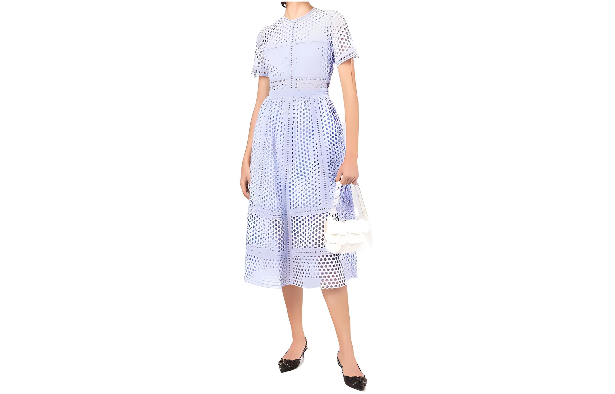 Self-Portrait SS22 Blue Short Sleeve Crew Neck Dress SS22044MLLILAC