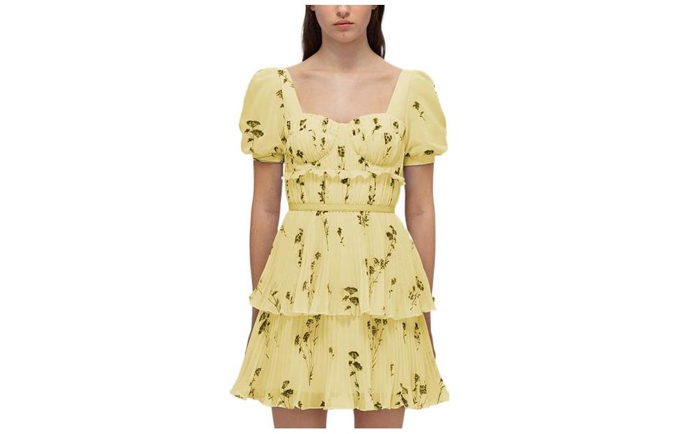 Self-Portrait SS22 Floral Chiffon French Short Sleeve Dress Yellow SWF332Y16900