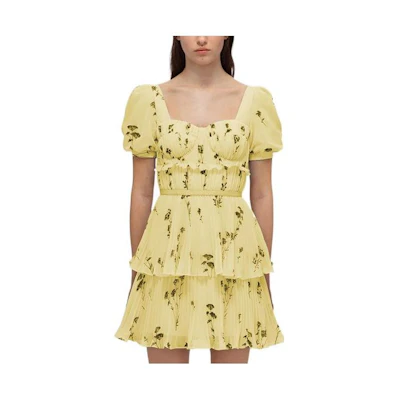 Self-Portrait SS22 Floral Chiffon French Short Sleeve Dress Yellow SWF332Y16900