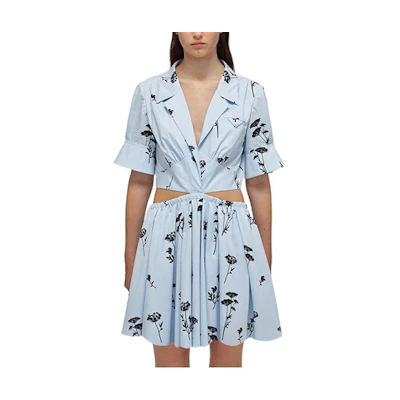 Self-Portrait SS22 Floral V-Neck Cutout Short Sleeve A-Line Dress Blue SWF332Y12700