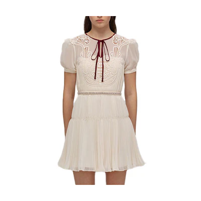 Self-Portrait SS22 Ivory A-Line Short Sleeve Dress with Bow Detail. SWF332Y15700