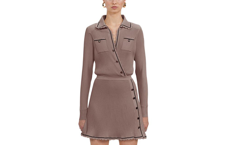 Self-Portrait SS22 Khaki Striped Knit Long Sleeve Dress with Chest Pocket SWF333M01200