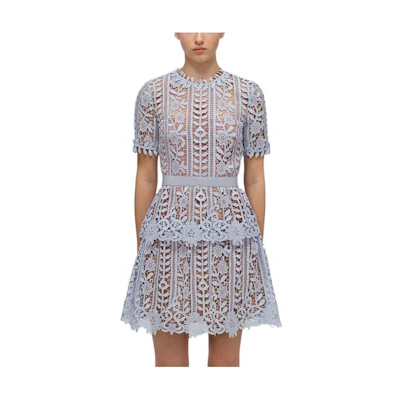 Self-Portrait SS22 Lace Trim Short Sleeve A-Line Dress Misty Blue. SWF332Y15200