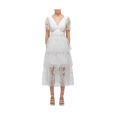 Self-Portrait SS22 V-Neck Lace Mesh Short Sleeve Fairy Dress White SWF332Y19100
