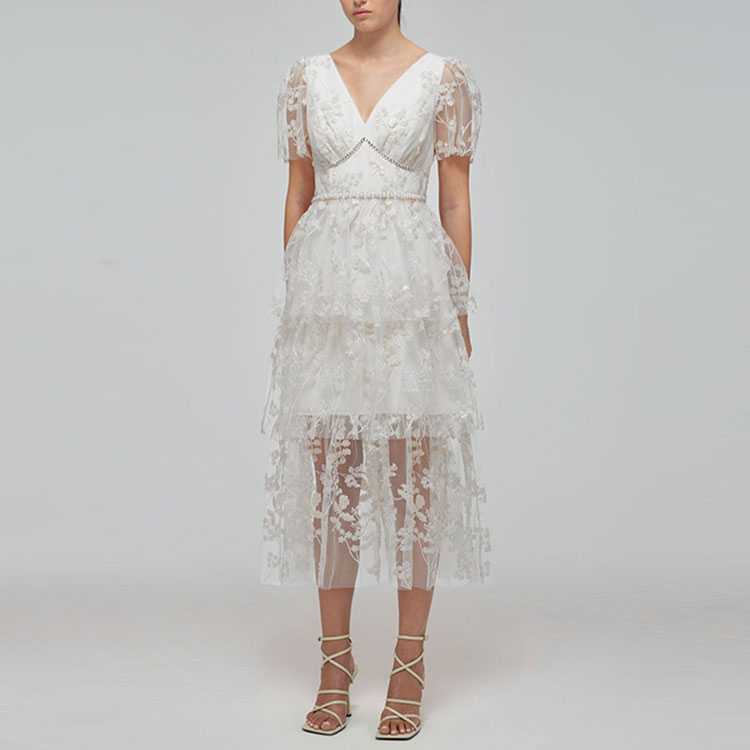 Self-Portrait SS22 V-Neck Lace Mesh Short Sleeve Fairy Dress White SWF332Y19100 圖 4