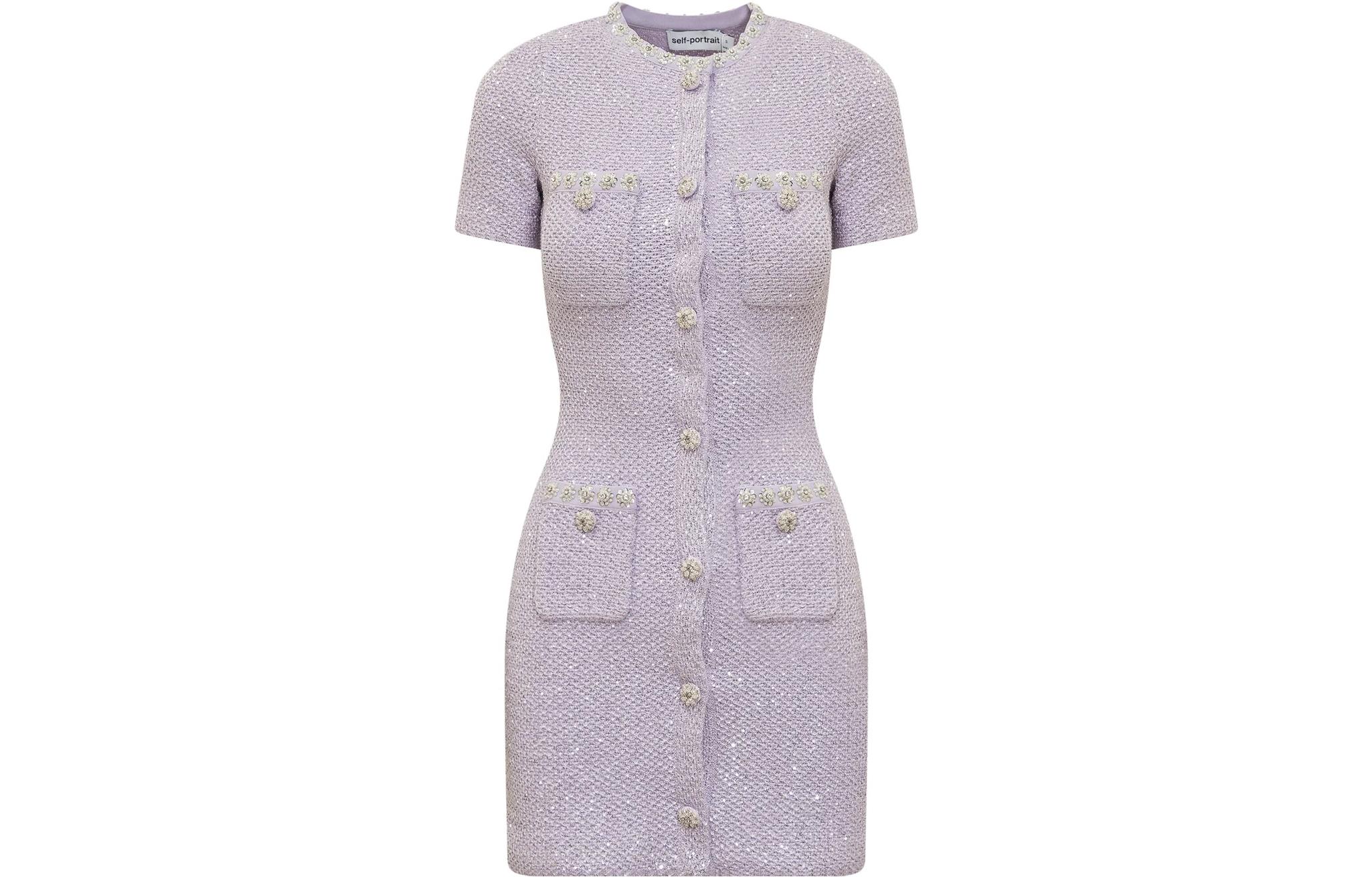 Self-Portrait SS23 Button-Up Short-Sleeve Mini Dress in Pastel Purple SWF343M00400