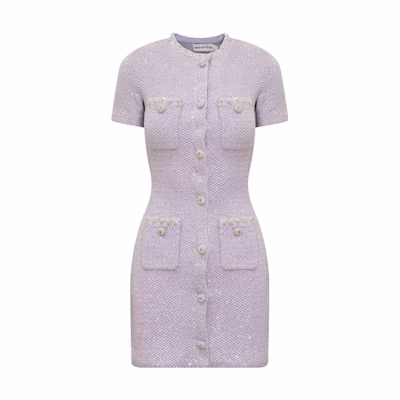 Self-Portrait SS23 Button-Up Short-Sleeve Mini Dress in Pastel Purple SWF343M00400