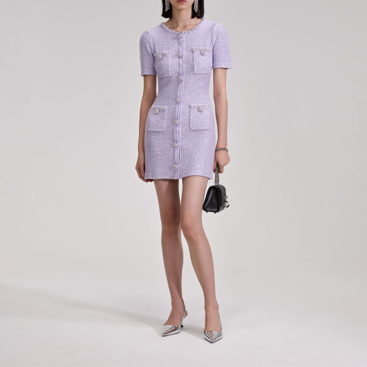 Self-Portrait SS23 Button-Up Short-Sleeve Mini Dress in Pastel Purple SWF343M00400 圖 4