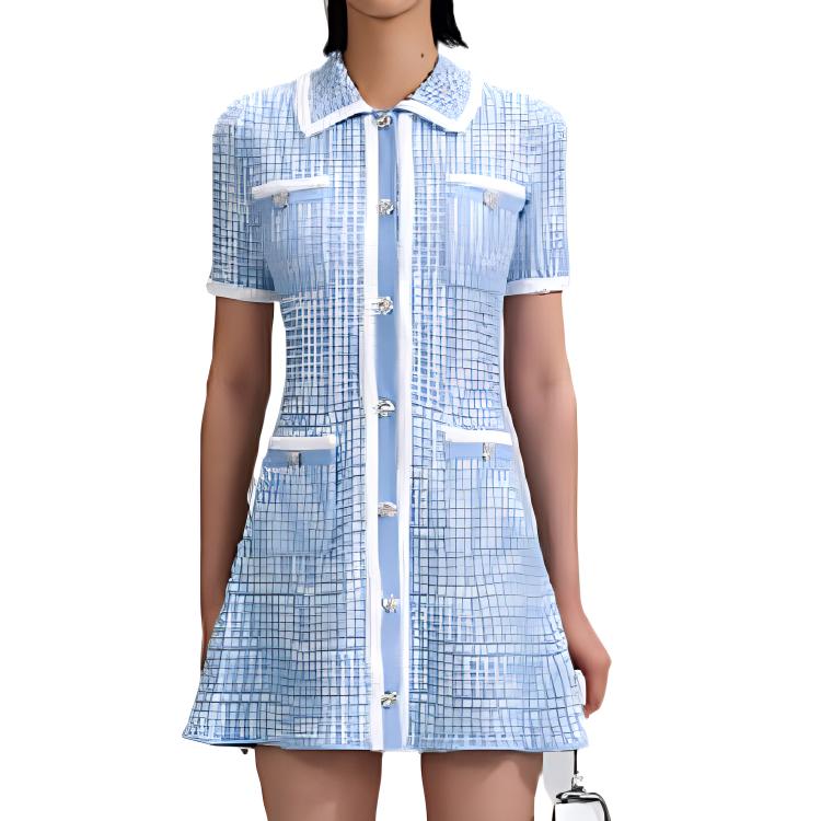 Shop Self-Portrait SS23 格紋短袖修飾領迷你洋裝 淡藍色 SWF342M04800