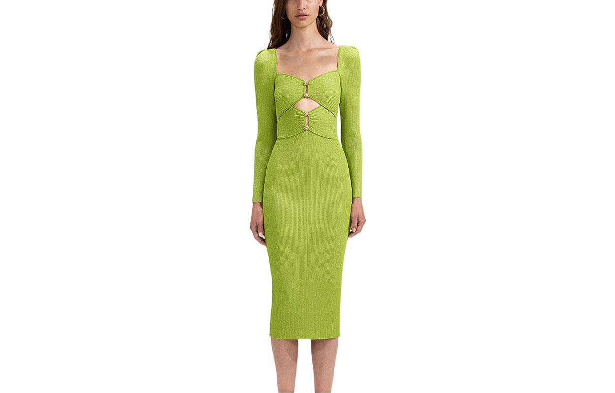 Self-Portrait SS23 Knit Square-Neck Long Sleeve Dress Lime Green SWF341M02400