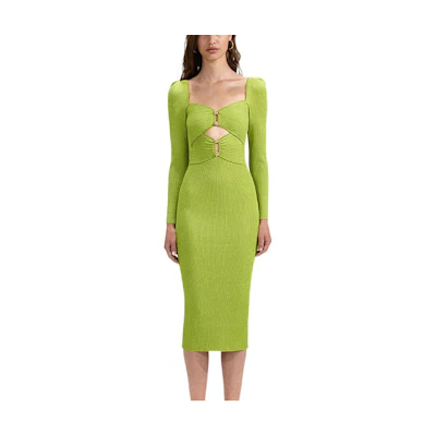 Self-Portrait SS23 Knit Square-Neck Long Sleeve Dress Lime Green SWF341M02400