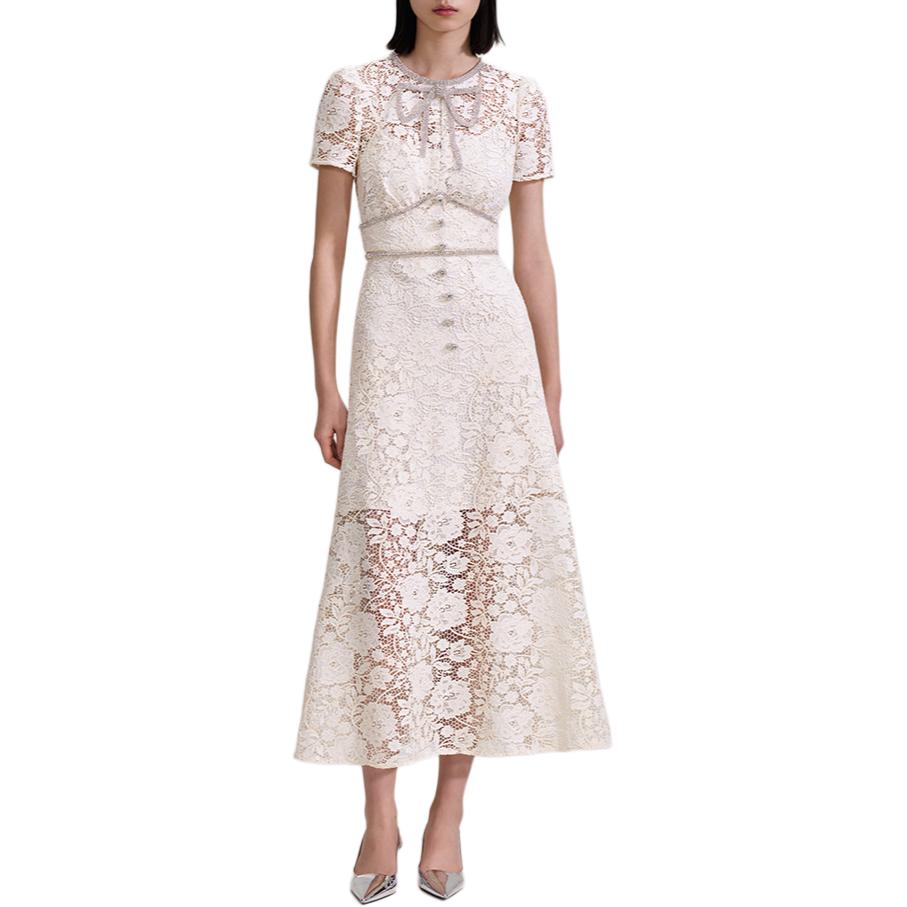 Self-Portrait SS23 Lace Midi Dress Crew Neck Short Sleeve Off-White PF23035MCREAM