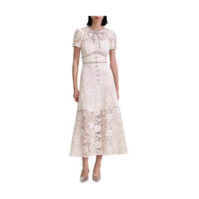 Self-Portrait SS23 Lace Midi Dress Crew Neck Short Sleeve Off-White PF23035MCREAM