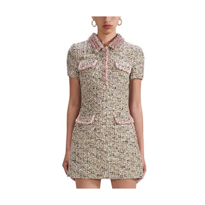 Self-Portrait SS23 Lunar New Year Knit Collar Short Sleeve Dress Grey Pink SWF341Y07800