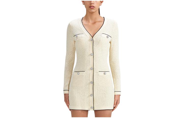 Self-Portrait SS23 Lunar New Year V-Neck Striped Long Sleeve Dress Ivory White SWF341M03100