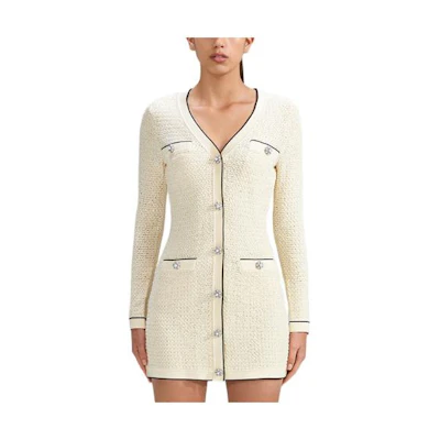 Self-Portrait SS23 Lunar New Year V-Neck Striped Long Sleeve Dress Ivory White SWF341M03100
