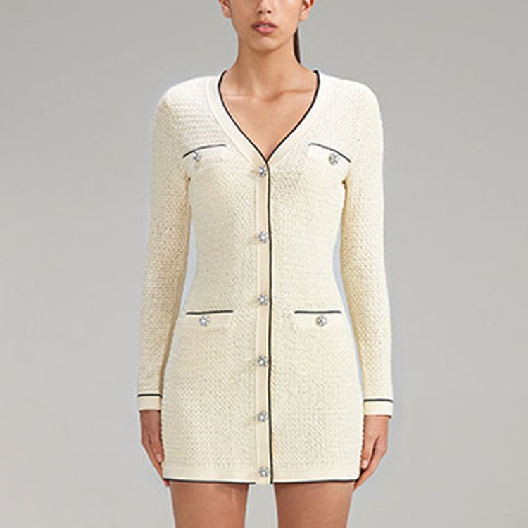 Shop Self-Portrait SS23 春節V領條紋長袖洋裝象牙白 SWF341M03100