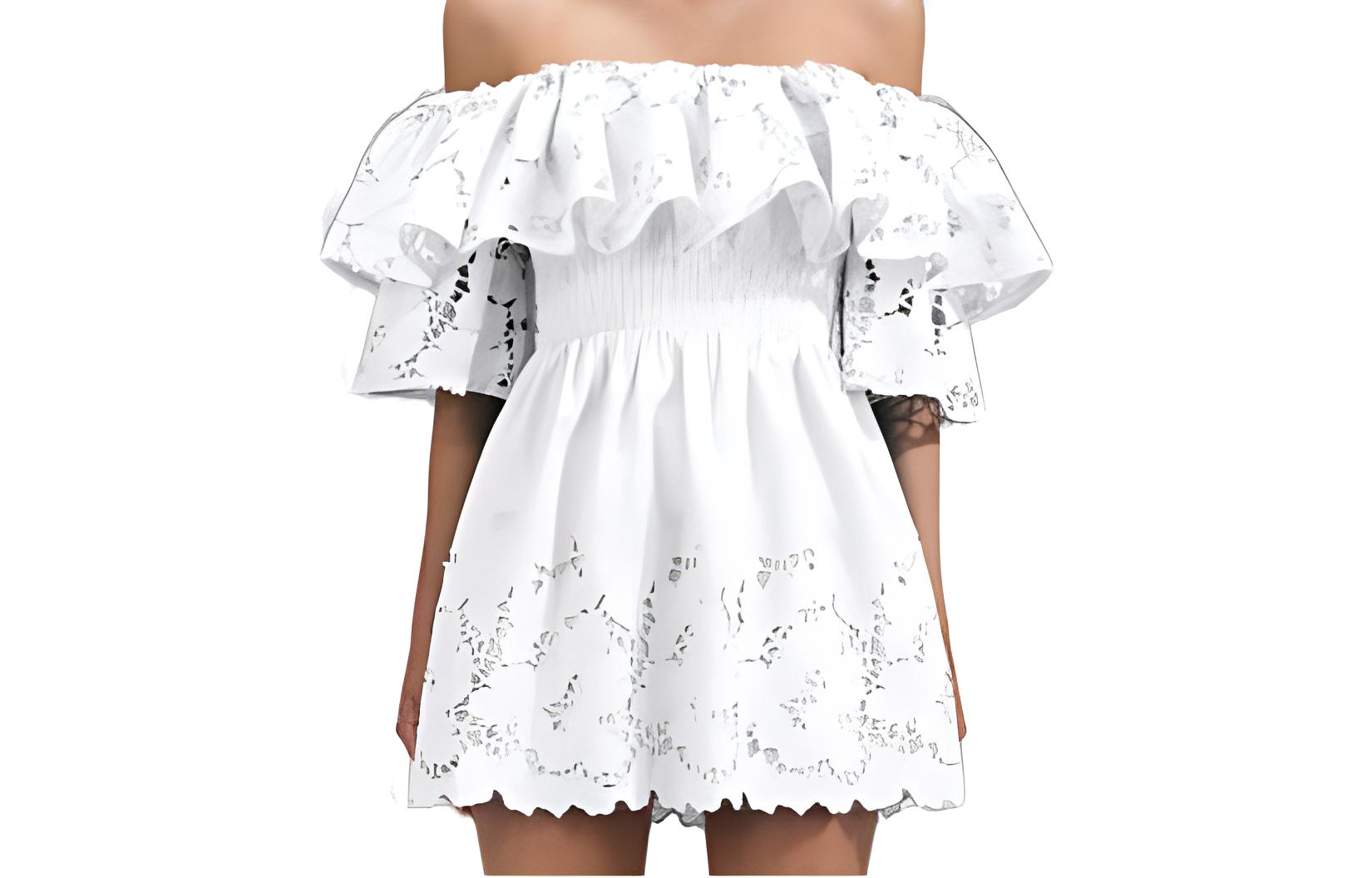 Self-Portrait SS23 Off-Shoulder Ruffle Lace Short Dress in Pure White Cotton SWF341Y06200
