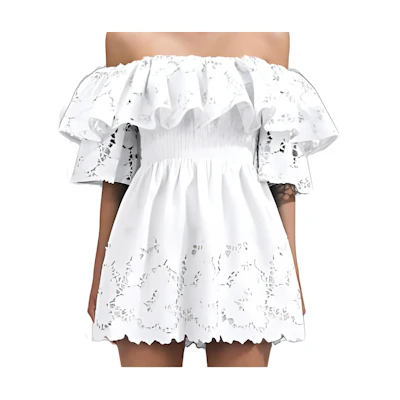 Self-Portrait SS23 Off-Shoulder Ruffle Lace Short Dress in Pure White Cotton SWF341Y06200