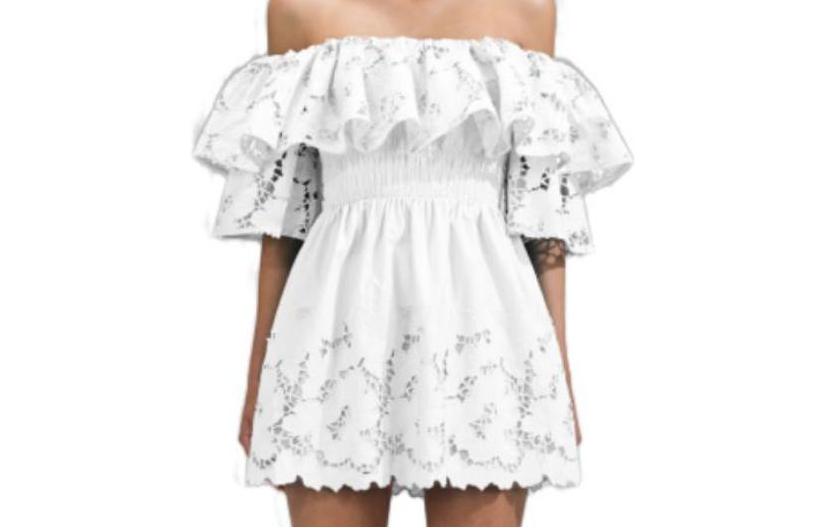 Self-Portrait SS23 Off-Shoulder Ruffle Lace Short Dress in Pure White Cotton SWF341Y06200 圖 2