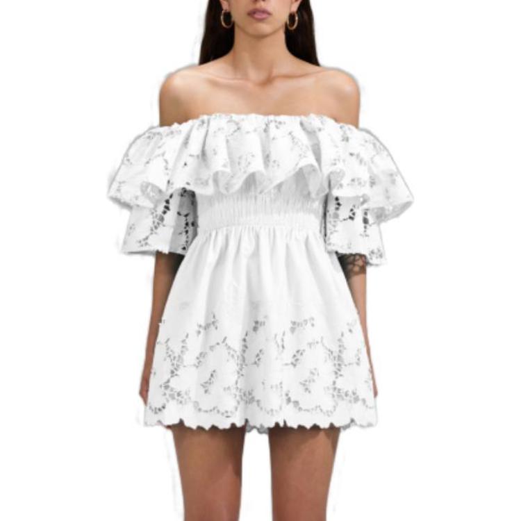 Self-Portrait SS23 Off-Shoulder Ruffle Lace Short Dress in Pure White Cotton SWF341Y06200 圖 3