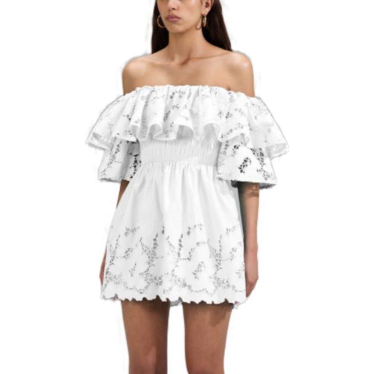 Self-Portrait SS23 Off-Shoulder Ruffle Lace Short Dress in Pure White Cotton SWF341Y06200 圖 5