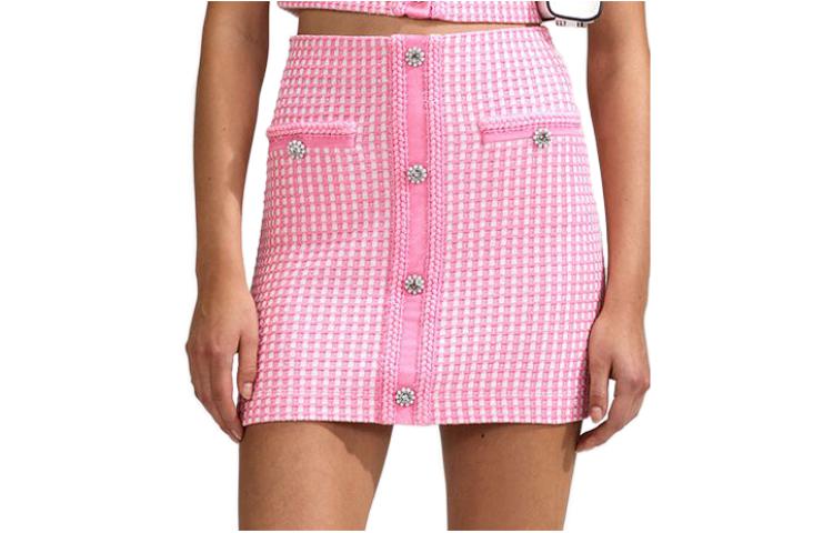 Self-Portrait SS23 Pink Checkered Button Knit Skirt. SWF342M06800