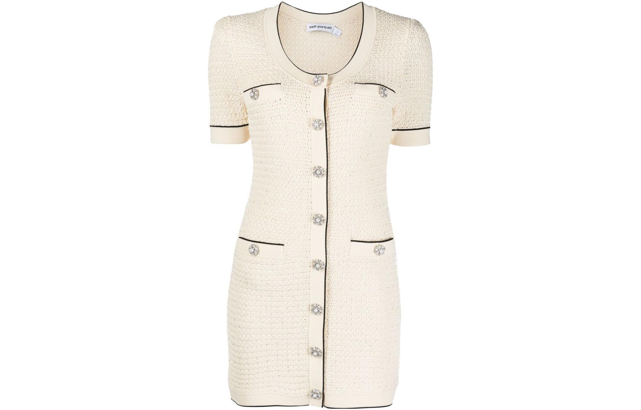 Shop Vestido Midi Manga Corta SS23 Self-Portrait Botón Único Blanco Roto RS23111SC