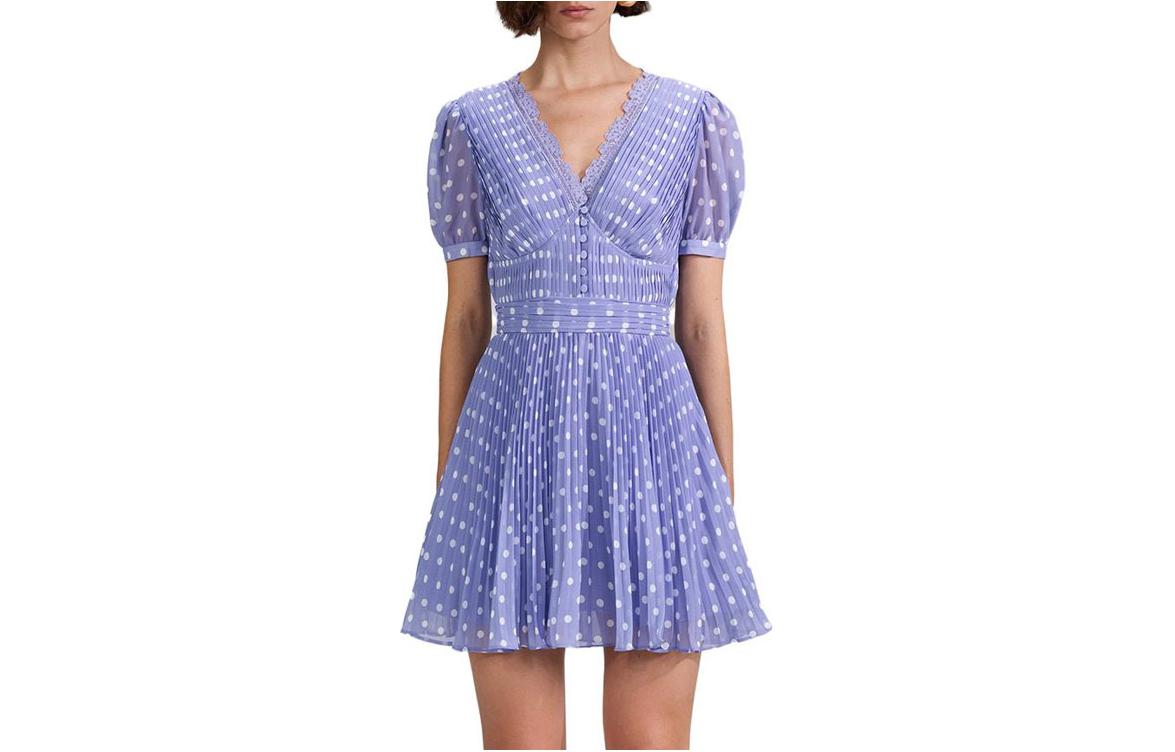 Self-Portrait V-Neck Polka Dot Short Sleeve Dress Purple SWF342Y14200