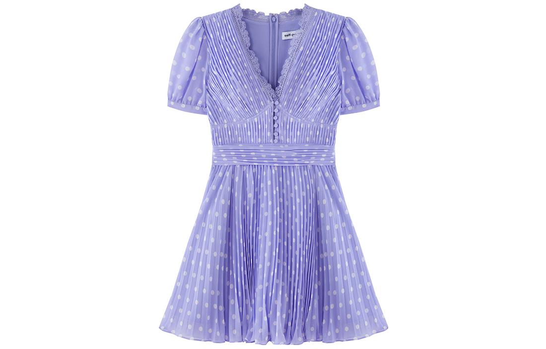 Shop Self-Portrait V領紫色波點短袖洋裝 SWF342Y14200