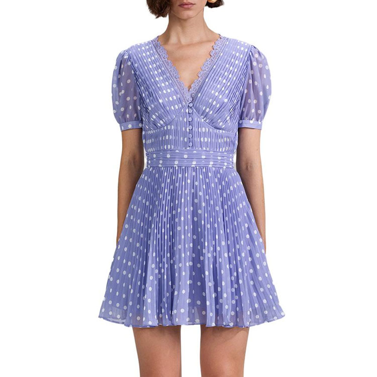 Purchase Self-Portrait V領紫色波點短袖洋裝 SWF342Y14200