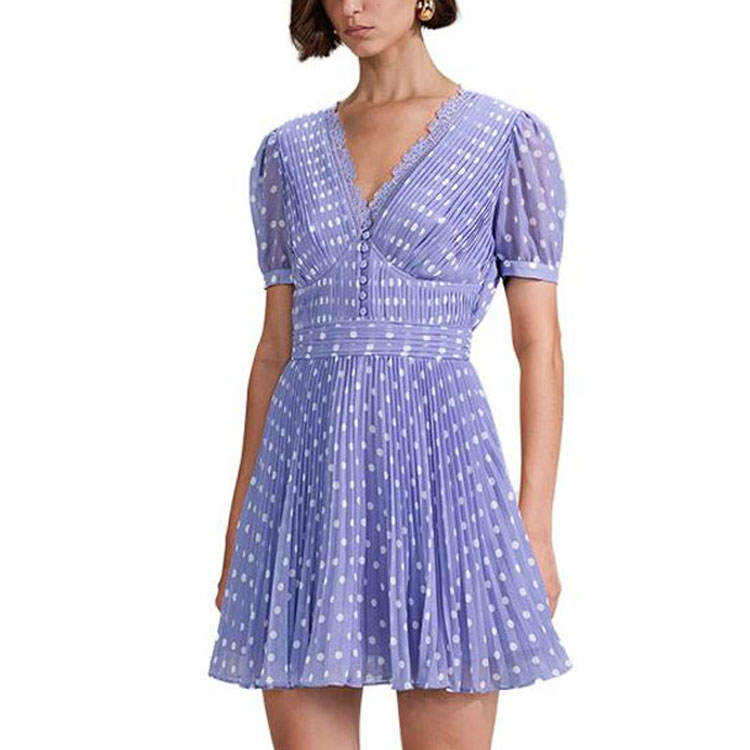 Sizing Self-Portrait V領紫色波點短袖洋裝 SWF342Y14200