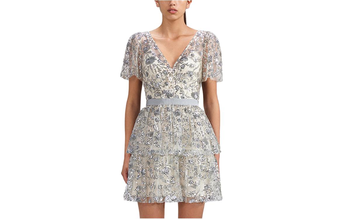 Self-Portrait V-Neck Short Sleeve Mini Dress with Rhinestones Champagne杏 SWF341Y08600