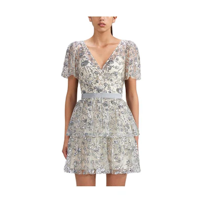 Self-Portrait V-Neck Short Sleeve Mini Dress with Rhinestones Champagne杏 SWF341Y08600