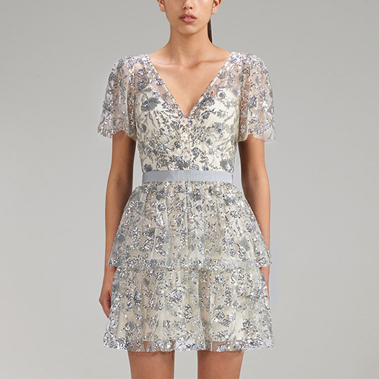 Purchase Self-Portrait V領短袖迷你連衣裙鑲鑽香檳杏色 SWF341Y08600