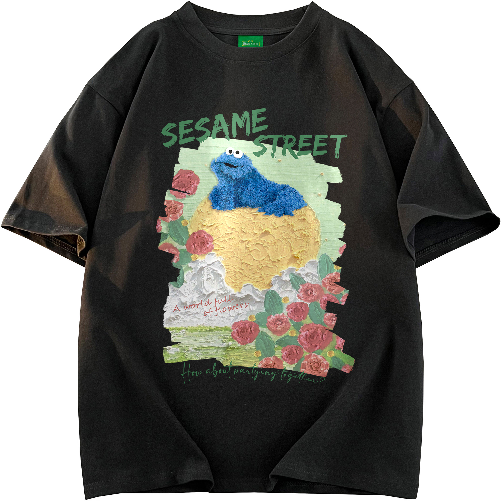 Sesame Street Cartoon Graphic Loose Fit Short Sleeve T-Shirt - Unisex Streetwear 605705ZMY485