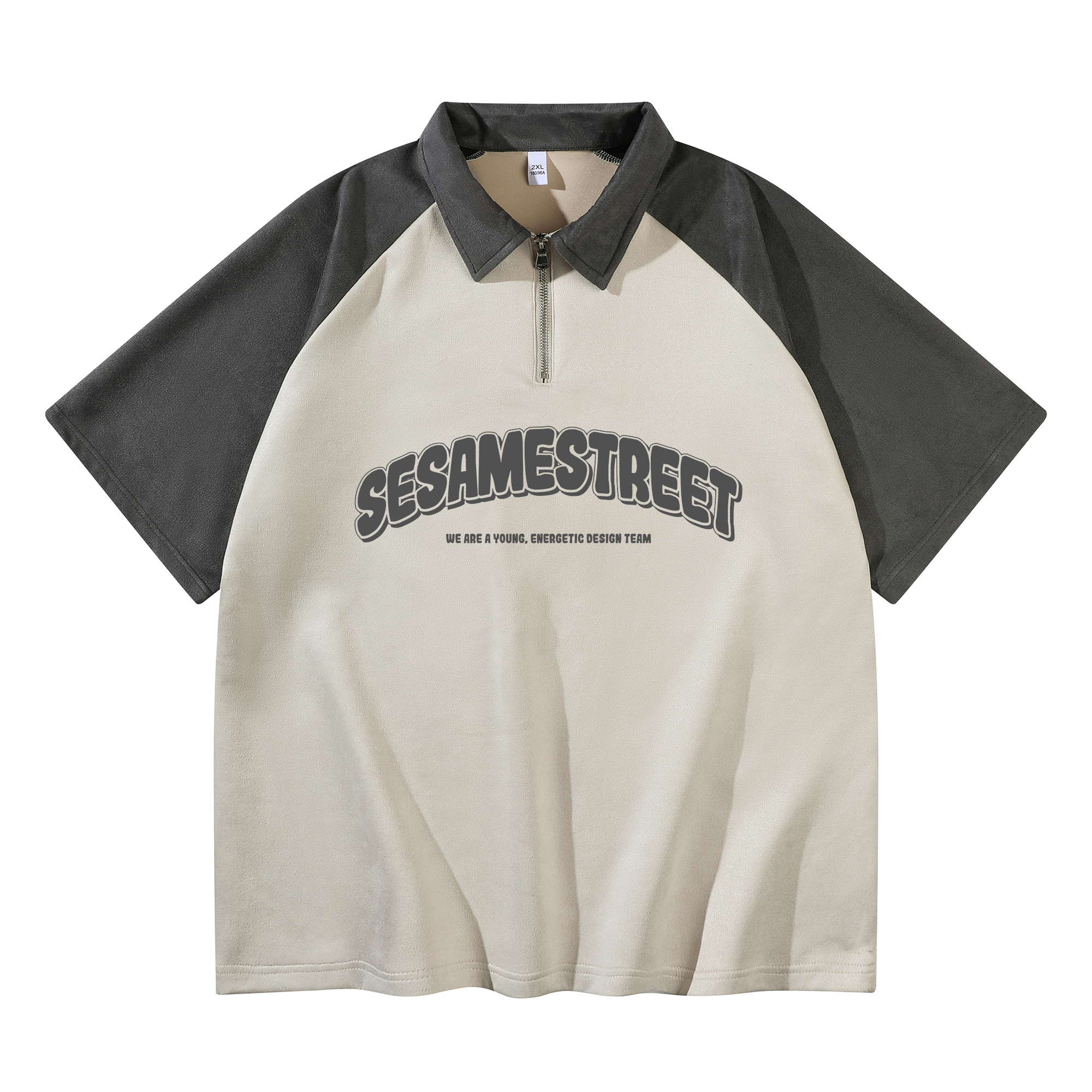 Sesame Street Print Half-Zip Colorblock Loose Polo Shirt Unisex Casual Tee 1615701ZMJ103