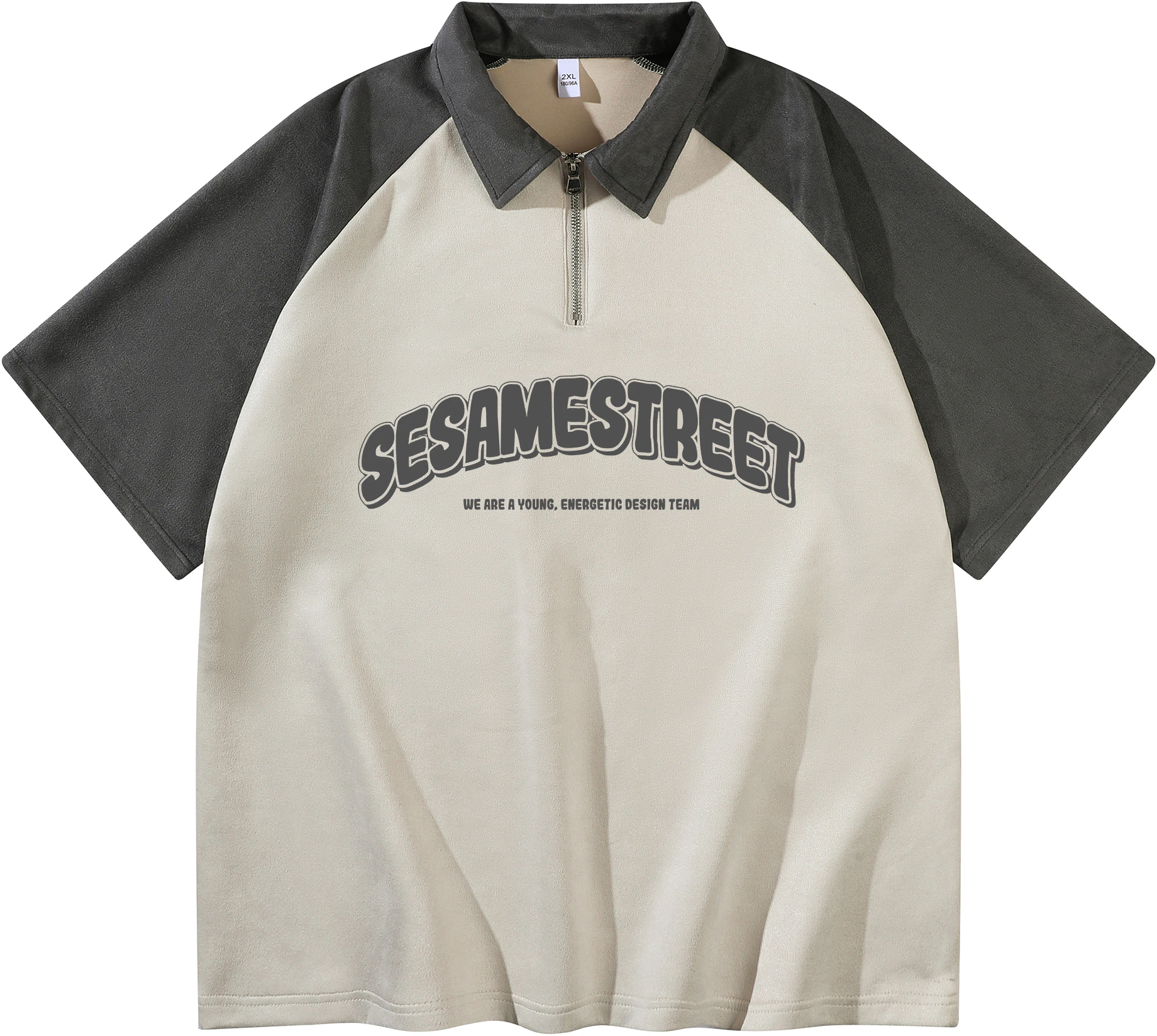 sesame-street-print-half-zip-colorblock-loose-polo-shirt-unisex-casual-tee-1615701-zmj-103