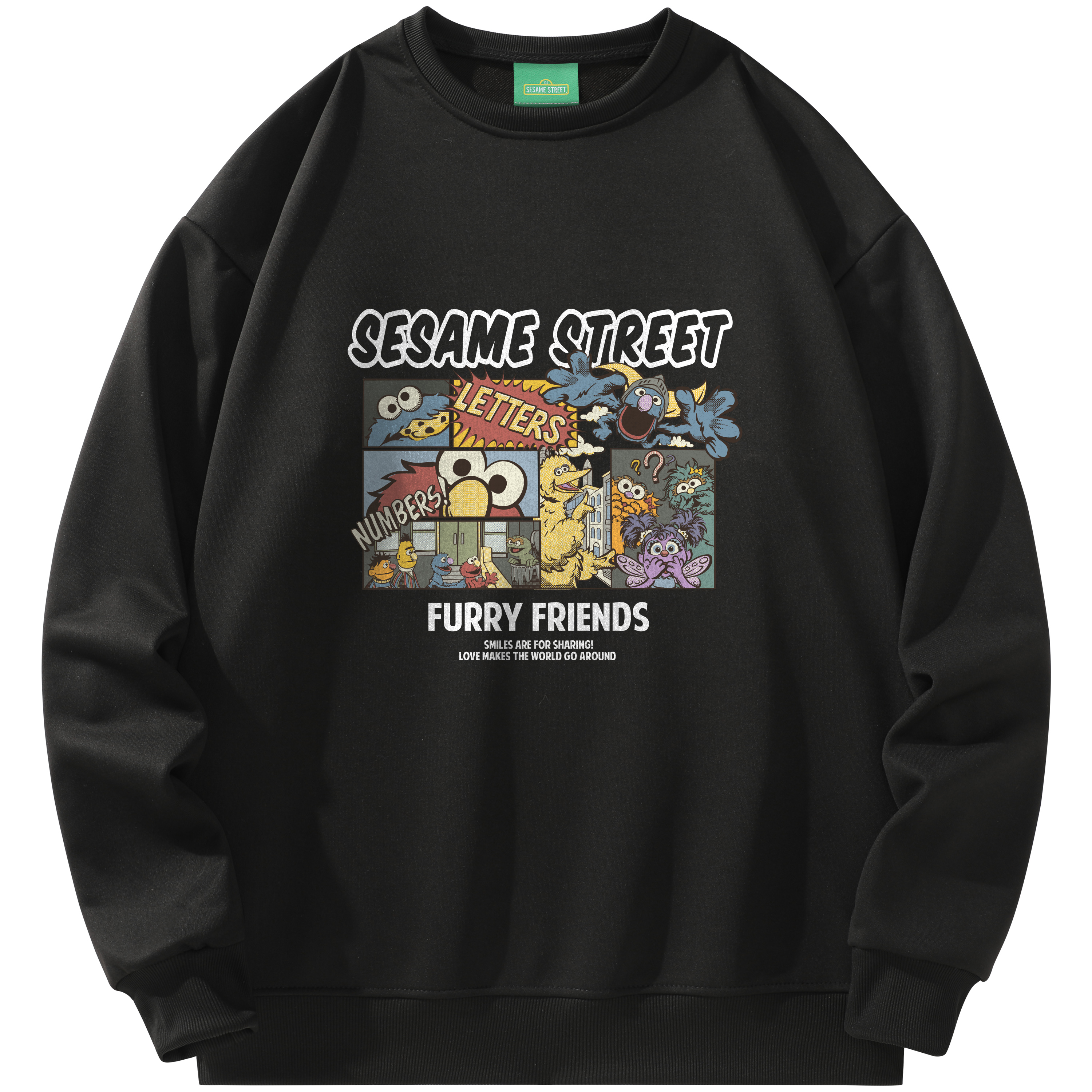 Sesame Street Retro Cartoon Letter Print Loose Fit Unisex Pullover Crewneck Sweater SSATT233LF5U-JD