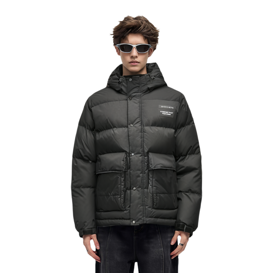 Shop Skechers碳黑連帽羽絨外套 - 舒適時尚必備款 P424M057-0018