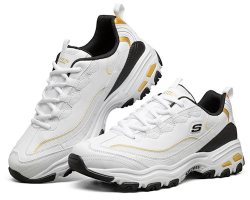 Skechers D'Lites 1.0 Sepatu Lari Putih/Hitam/Emas 894009-WBGD Lookbook Skechers D'Lites 1.0 Sepatu Lari Putih/Hitam/Emas 894009-WBGD