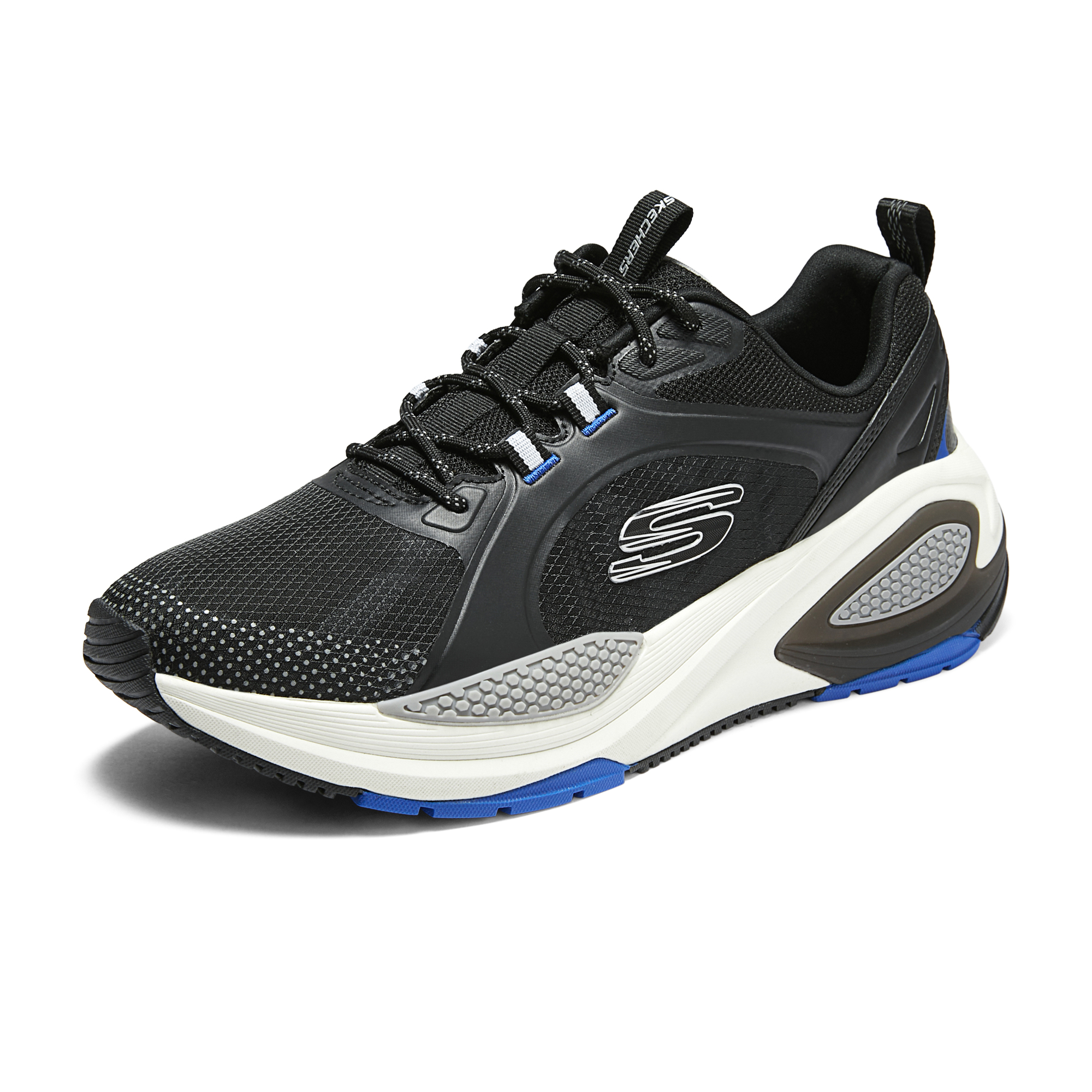 Lookbook Skechers Lage Sneakers Hardlopen ''Comfort Mesh Schokabsorberend Zwart Blauw'' 232736-BKBL