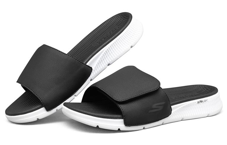 Lookbook 스케쳐스  r슬립 방지 슬라이드 '블랙 화이트' 229033-BKW