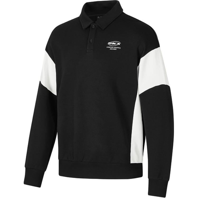 Skechers Sport Casual Colorblock Letter Print Long Sleeve Polo Sweatshirt Black P424U018-0018