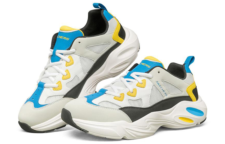 Lookbook Zapatillas Skechers Stamina Airy Low-Top Blancas/Azules/Amarillas Running. 894005-WMLT