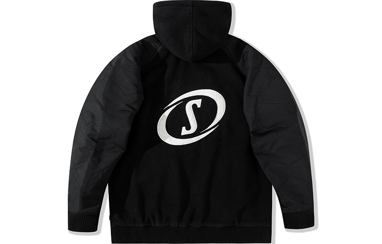 Spalding Logo Print Velvet Panel Hoodie Jacket Unisex Black LAW01JK017-15