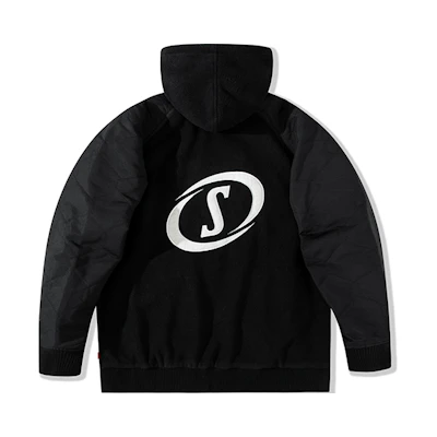 Spalding Logo Print Velvet Panel Hoodie Jacket Unisex Black LAW01JK017-15