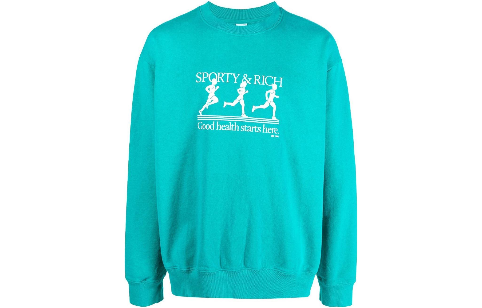 Sporty & Rich 22 Logo Print Crewneck Sweatshirt Unisex Blue Green CR453TE